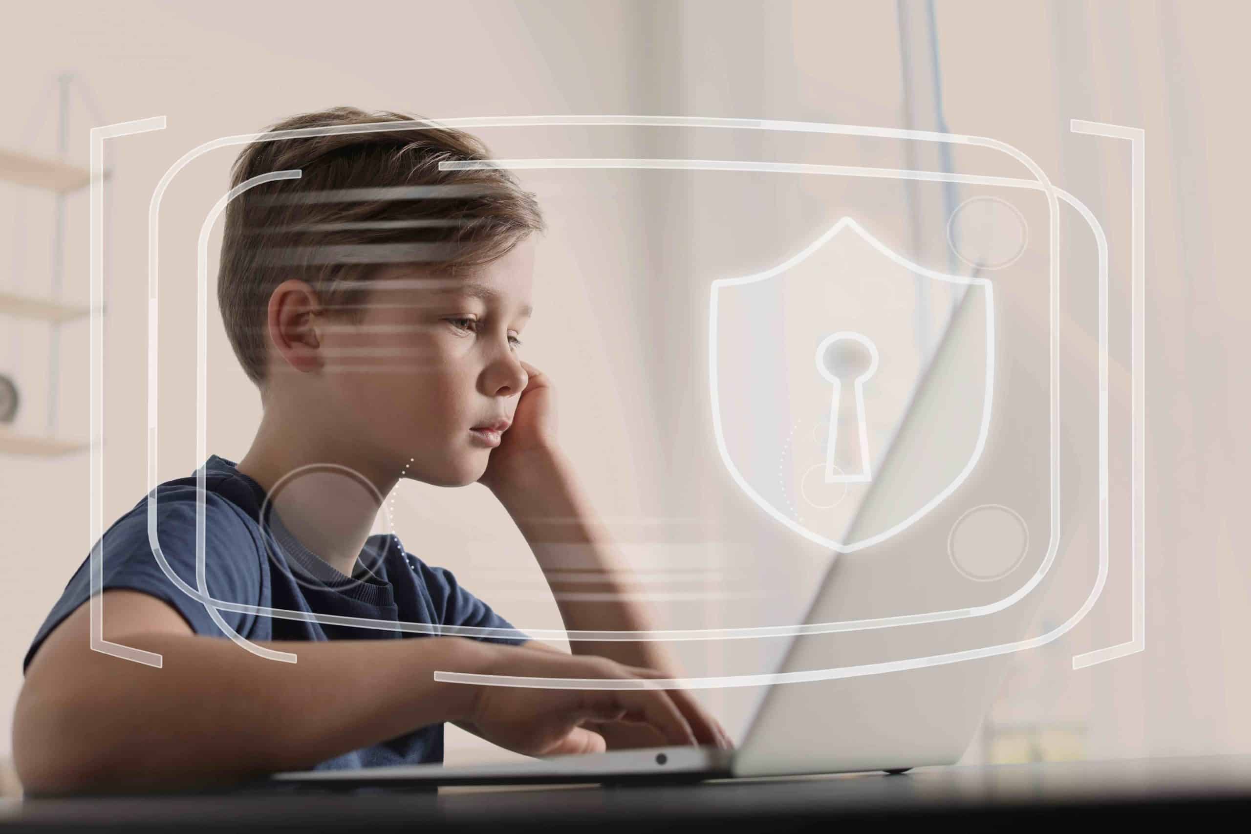 Child,Safety,Online.,Little,Boy,Using,Laptop,At,Home.,Illustration